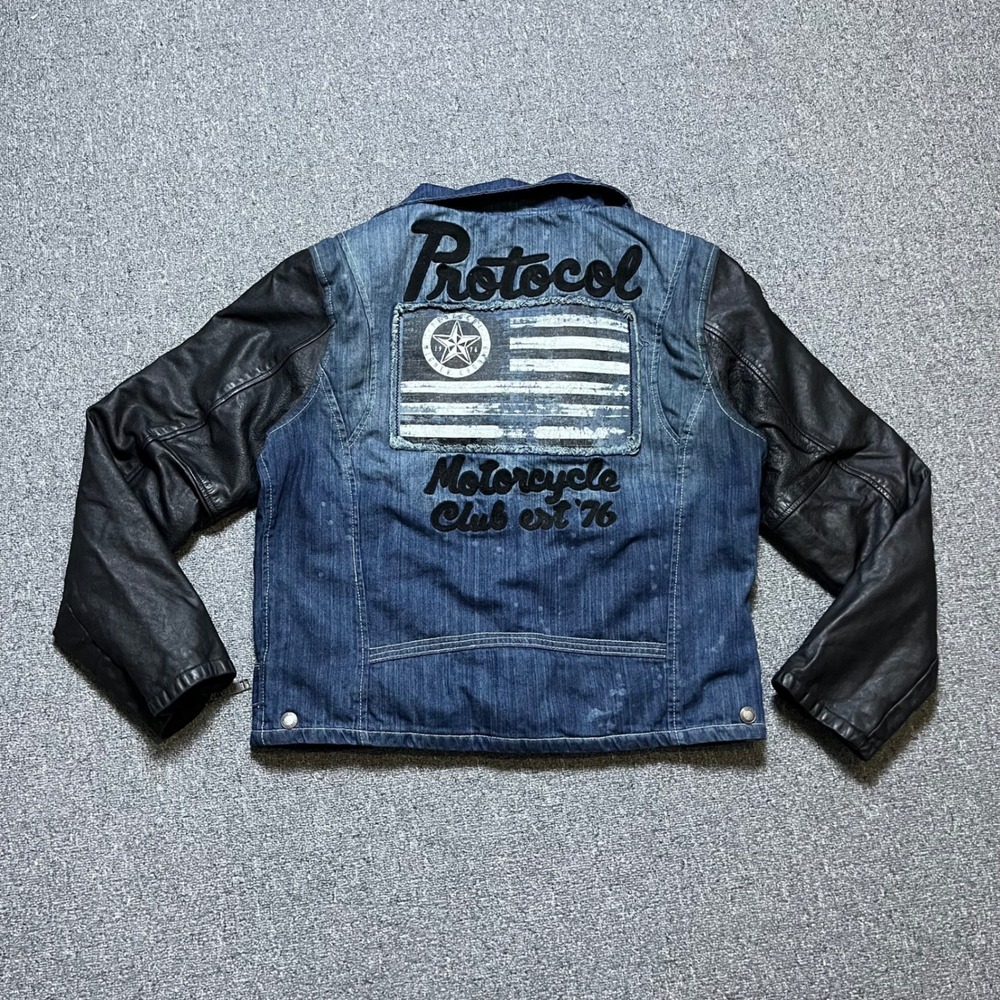 Protocol Motorcycle Jacket XL Blue Denim Black Leather Parish Nation Moto Biker‎
